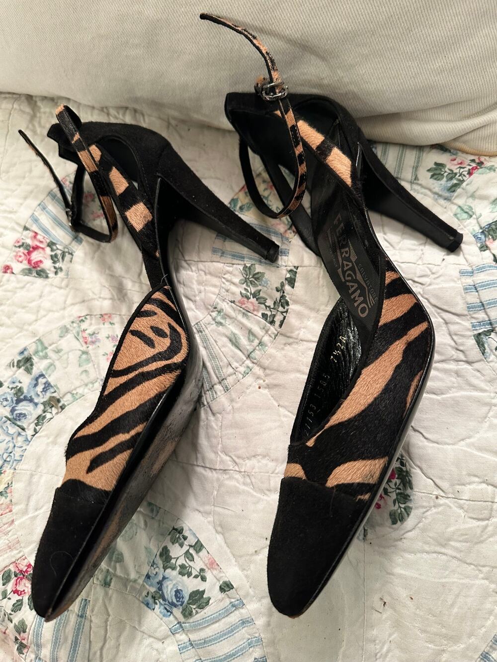 FERRAGAMO ZEBRA ANIMAL PRINT PONYHAIR ANKLE STRAP D'ORSAY PUMPS
